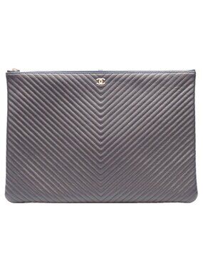 Chanel Navy Caviar Silver V-stitch Chevron Clutch Pouch